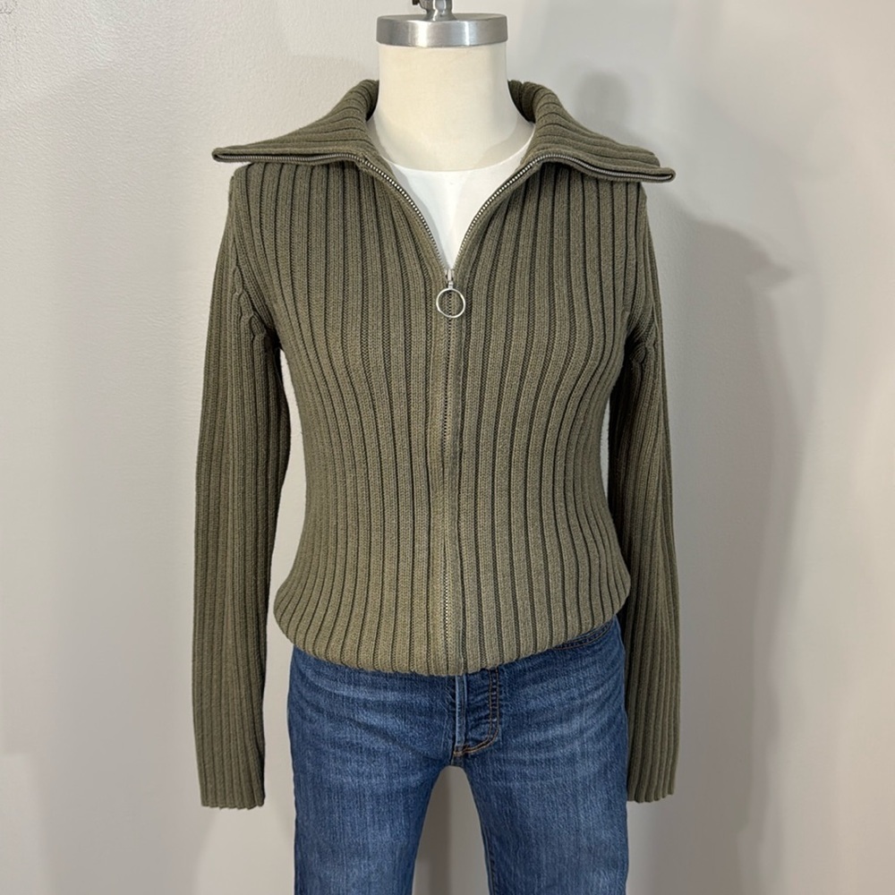 Gap Olive Green Collared Ribbed Zip Up Cardigan Sweater Size L